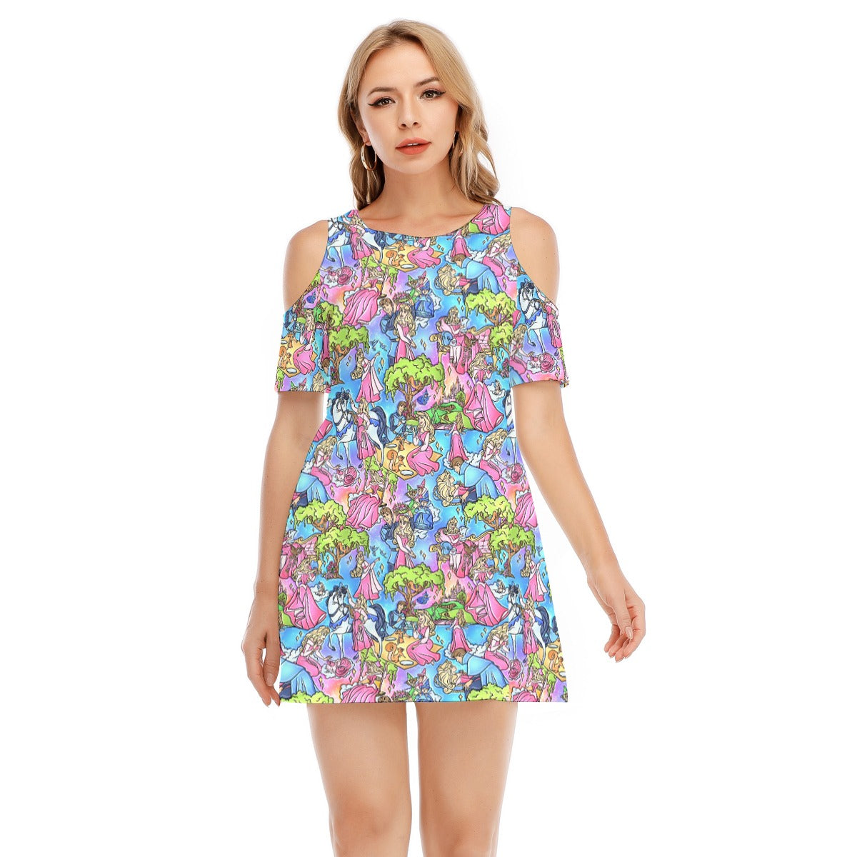 Dreaming Princess Storybook Scenes - Women's Cold Shoulder Cotton Dress