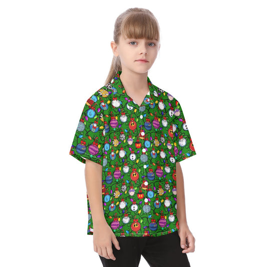 Festive Character Baubles on Green - Kid's Hawaiian Button Up Shirt