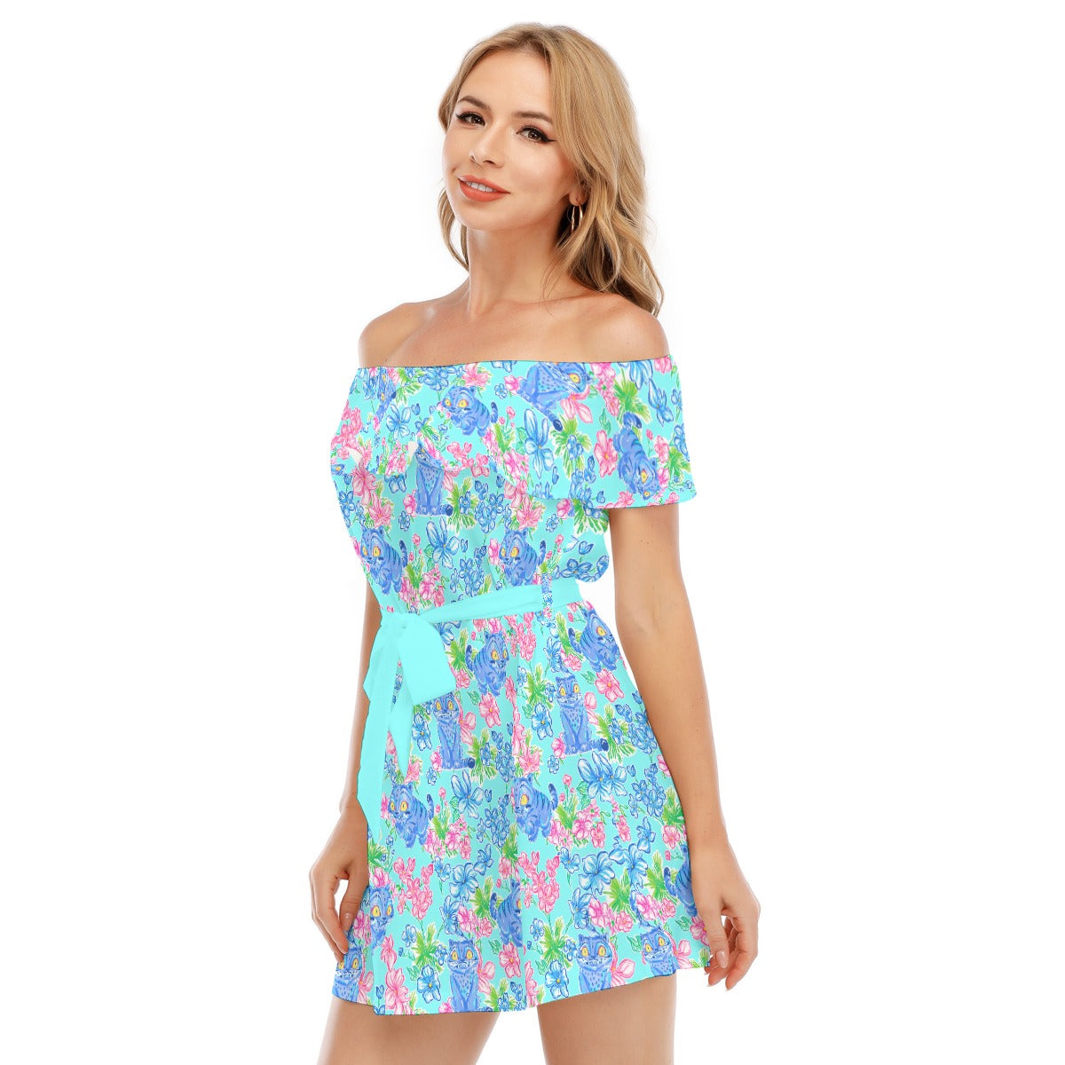 Derpy Tiger Blooms - Women's Off-shoulder Ruffle Dress