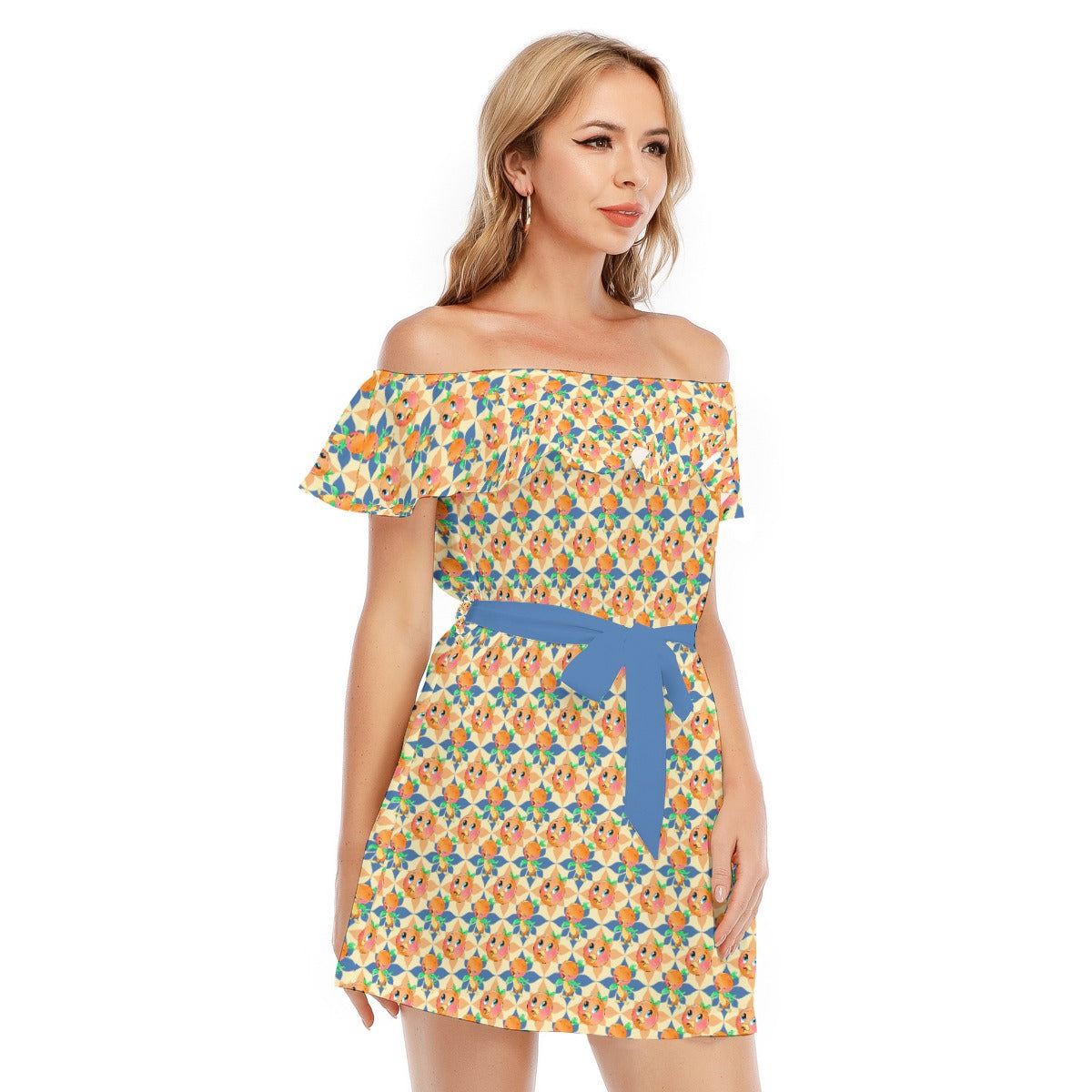 Retro Citrus Play - Women's Off-shoulder Ruffle Dress
