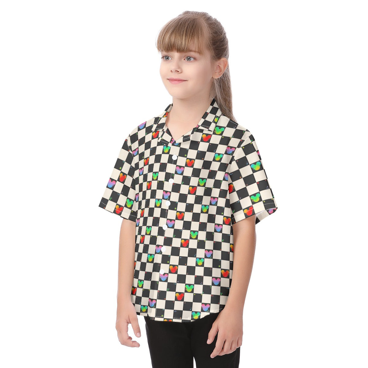 Rainbow Checker Mouse Ears - Kid's Hawaiian Button Up Shirt