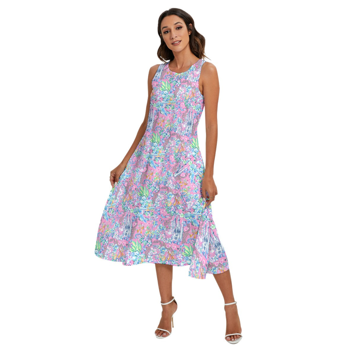 Bright Tropical Dreams - Enchanted Squeaky Helpers - Women’s Diagonal Pocket Midi Dress