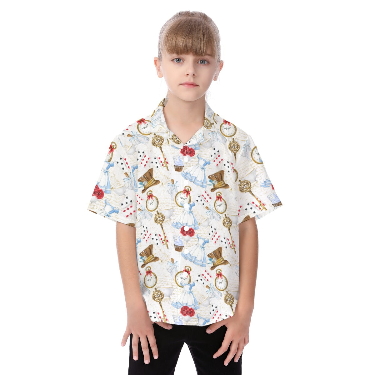 Curious Wonderland Icons - Kid's Hawaiian Button Up Shirt