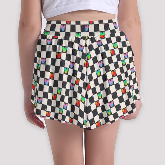 Rainbow Checker Mouse Ears - Girls’ Flowy Pocket Shorts