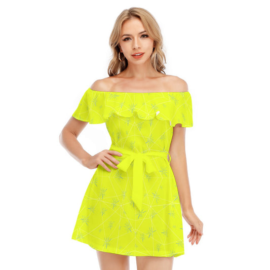 Joyful Blue & Yellow Florals - Women's Off-shoulder Ruffle Dress
