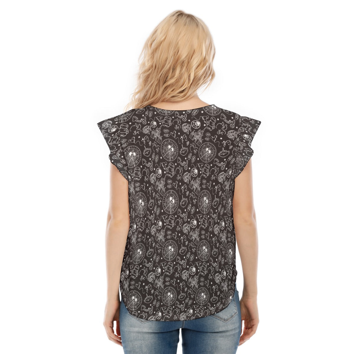 Monochrome Theme Park Icons - Women’s Flutter Sleeve Top