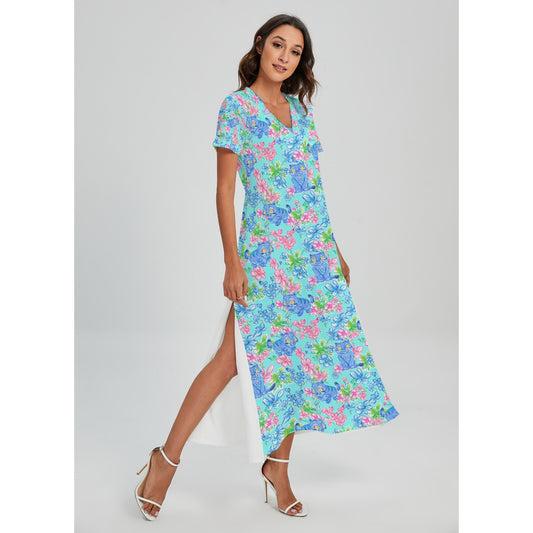 Derpy Tiger Blooms - Women's V-Neck Side Split Maxi Dress