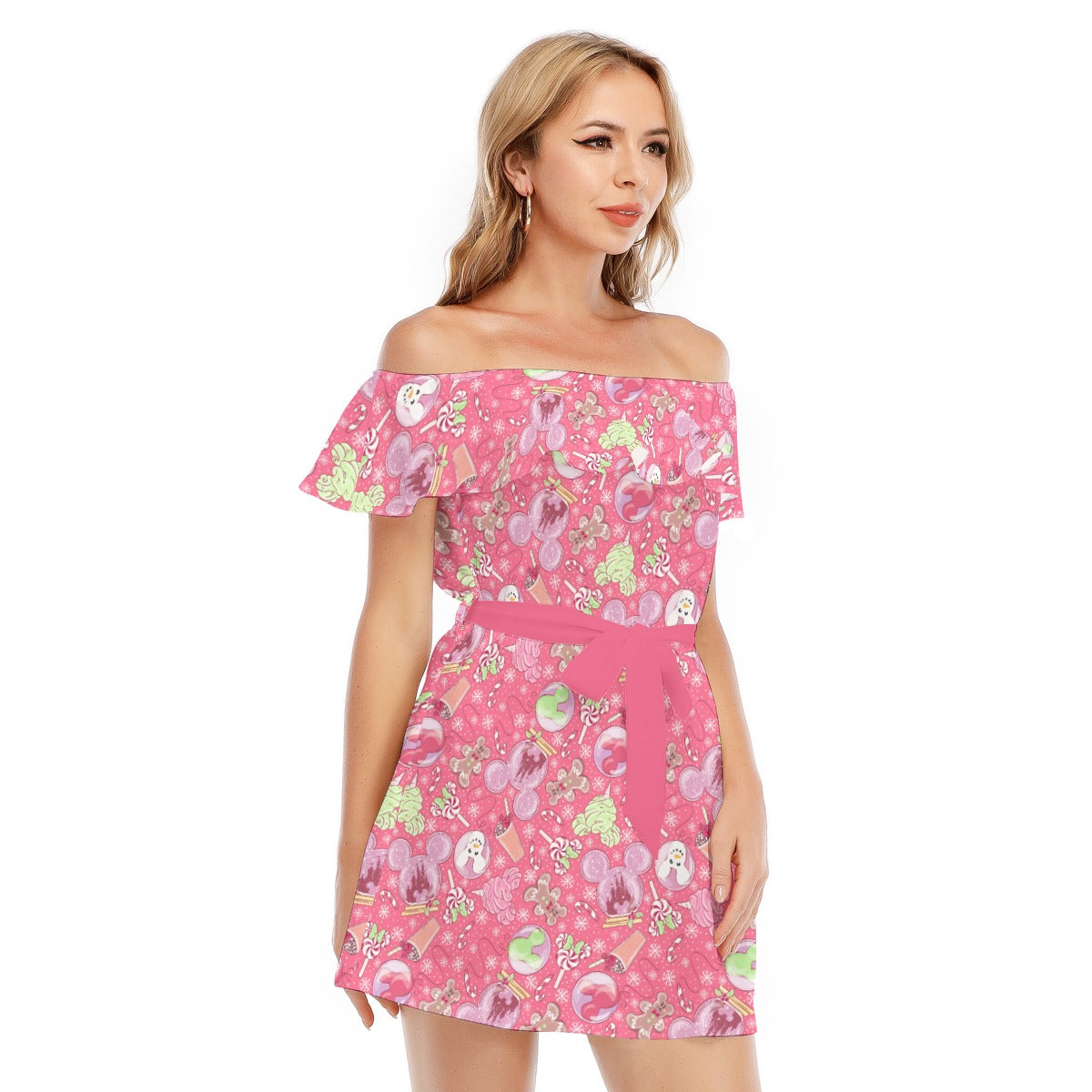 Winter Mouse Snacks & Balloons - Women's Off-shoulder Ruffle Dress