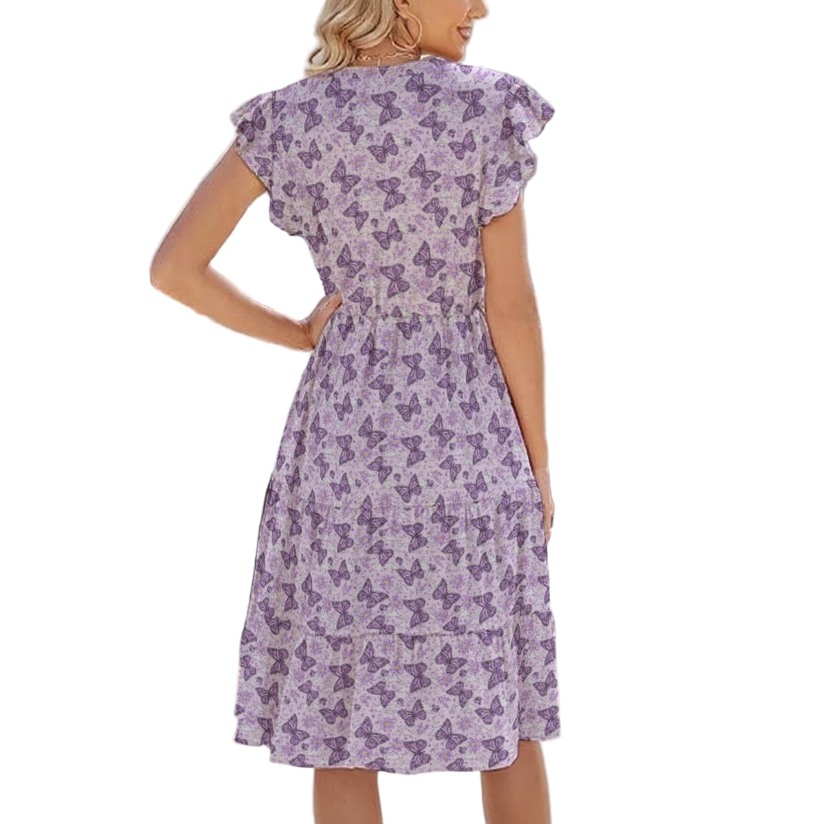 Lavender Butterflies - Women's Tiered Pocket Midi Dress
