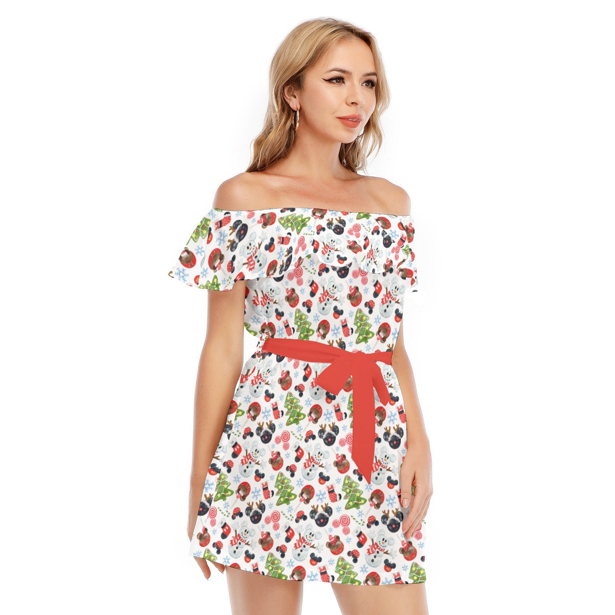 Mouse Magic Christmas - Women's Off-shoulder Ruffle Dress