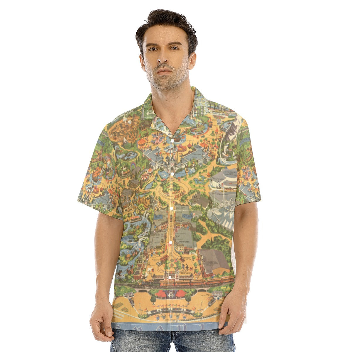 Vintage Theme Park Map- Men's Hawaiian Button Up Shirt
