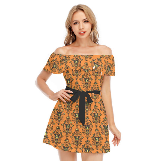Haunted Halloween Mansion Wallpaper - Women's Off-shoulder Ruffle Dress