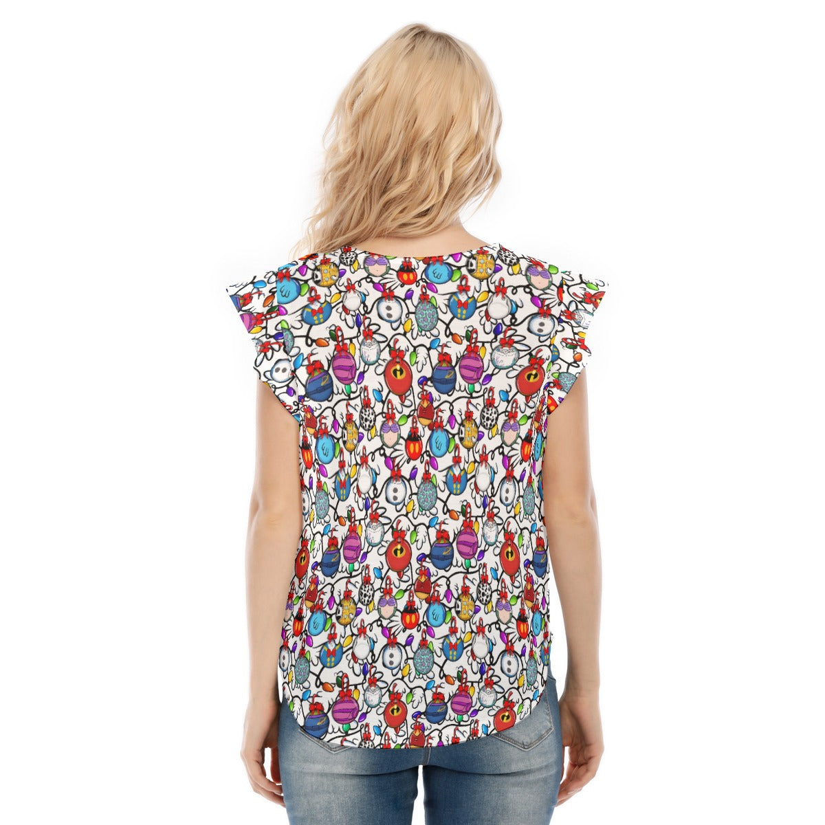 Festive Character Baubles on White - Women’s Flutter Sleeve Top