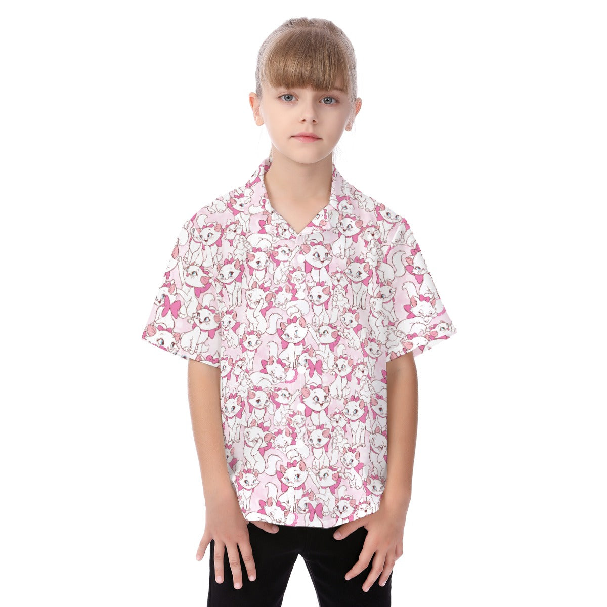 Sweet Kitten with Pink Bow - Kid's Hawaiian Button Up Shirt