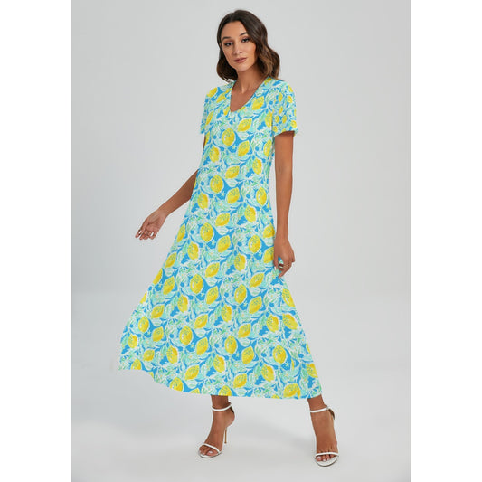Lemon Drop Daydream - Women's V-Neck Side Split Maxi Dress