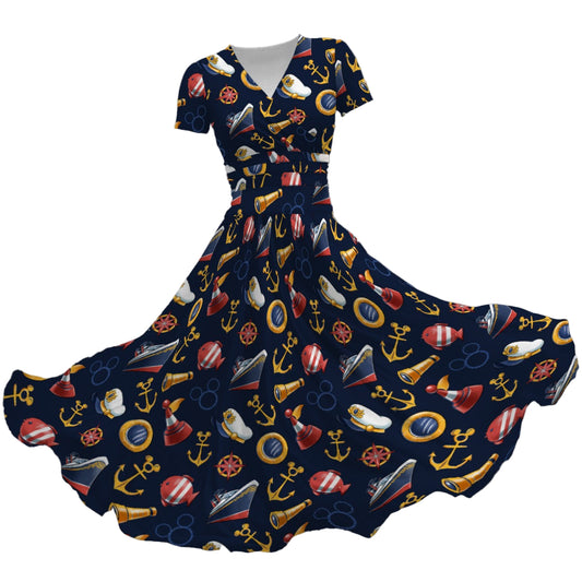 Mouse Ear Nautical Icons - Women's V-Neck Ruched Midi Dress