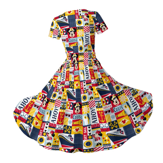 Nautical Cruise Patchwork - Women's V-Neck Ruched Midi Dress