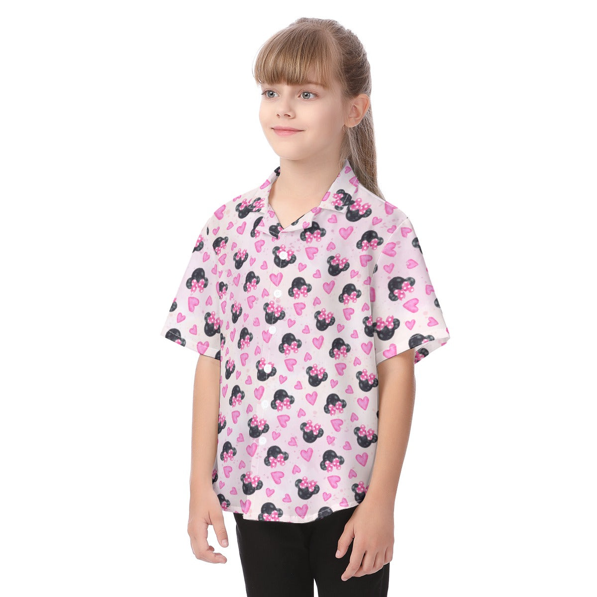 Watercolor Pink Bow Mouse Ears - Kid's Hawaiian Button Up Shirt