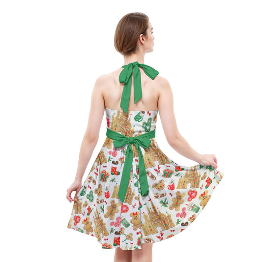 Gingerbread Castle Holiday Treats - Women's Halter Vintage Pocket Dress