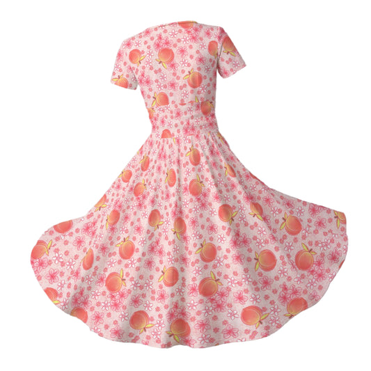 Summer Fruits - Peaches - Women's V-Neck Ruched Midi Dress