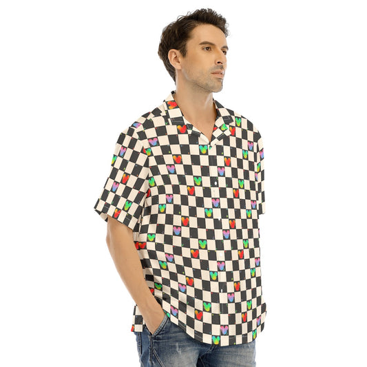 Rainbow Checker Mouse Ears - Men's Hawaiian Button Up Shirt