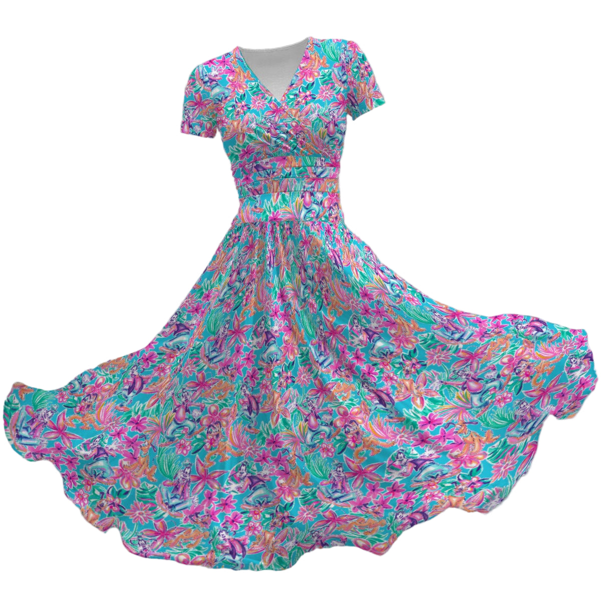 Tropical Bloom Fiesta - Playful Duo - Women's V-Neck Ruched Midi Dress