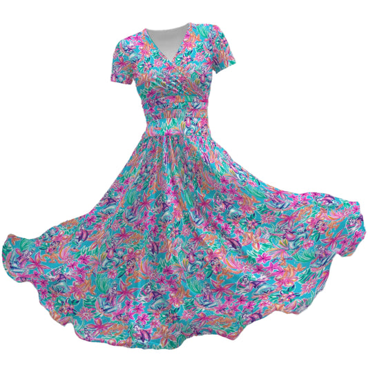 Tropical Bloom Fiesta - Playful Duo - Women's V-Neck Ruched Midi Dress