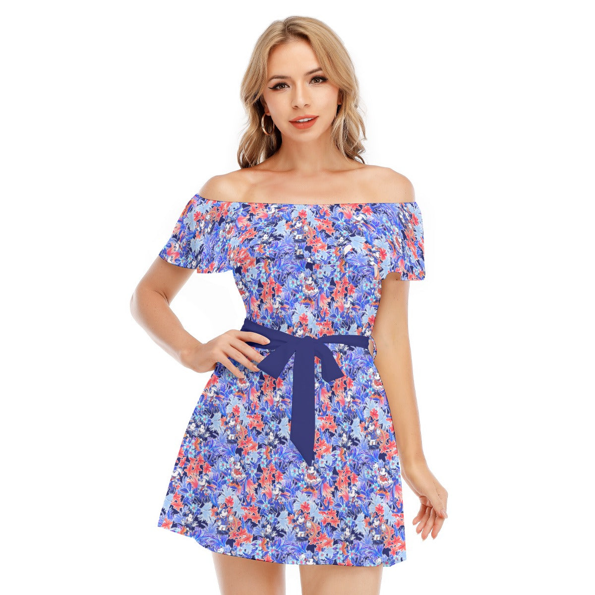 Navy Blooms Cruise - Women's Off-shoulder Ruffle Dress