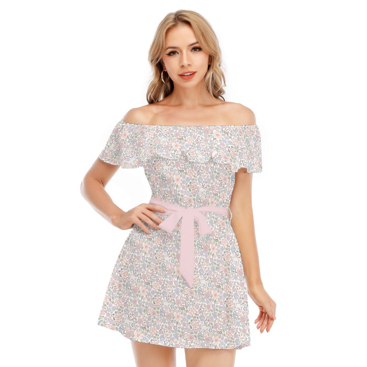 Springtime Kitten Garden Elegance - Women's Off-shoulder Ruffle Dress