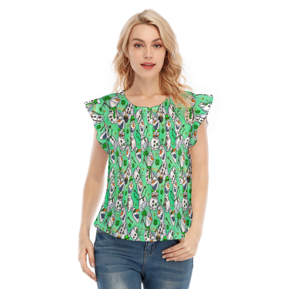 Sketched Snowman St. Patrick’s Day - Women’s Flutter Sleeve Top