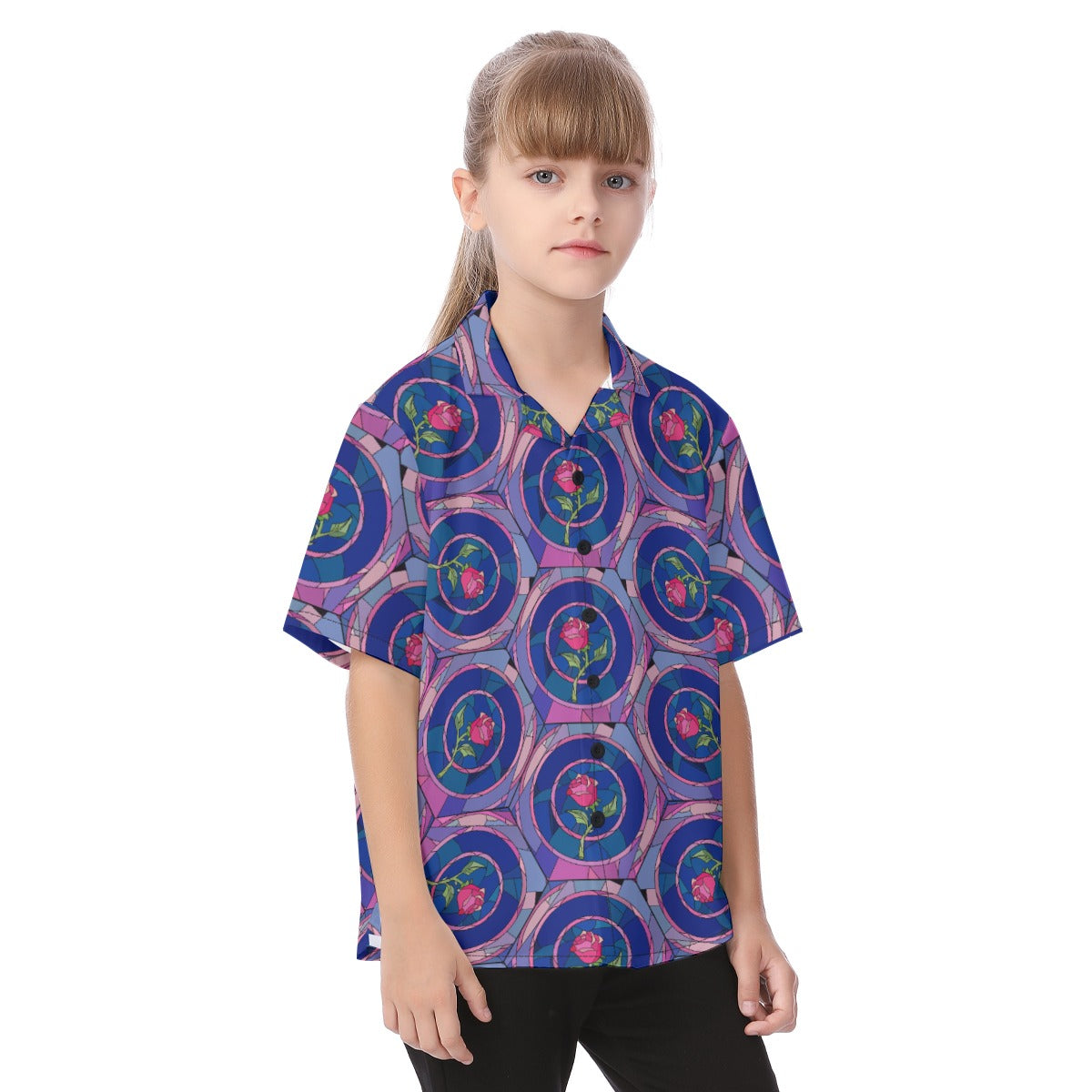 Enchanted Rose Stained Glass - Kid's Hawaiian Button Up Shirt