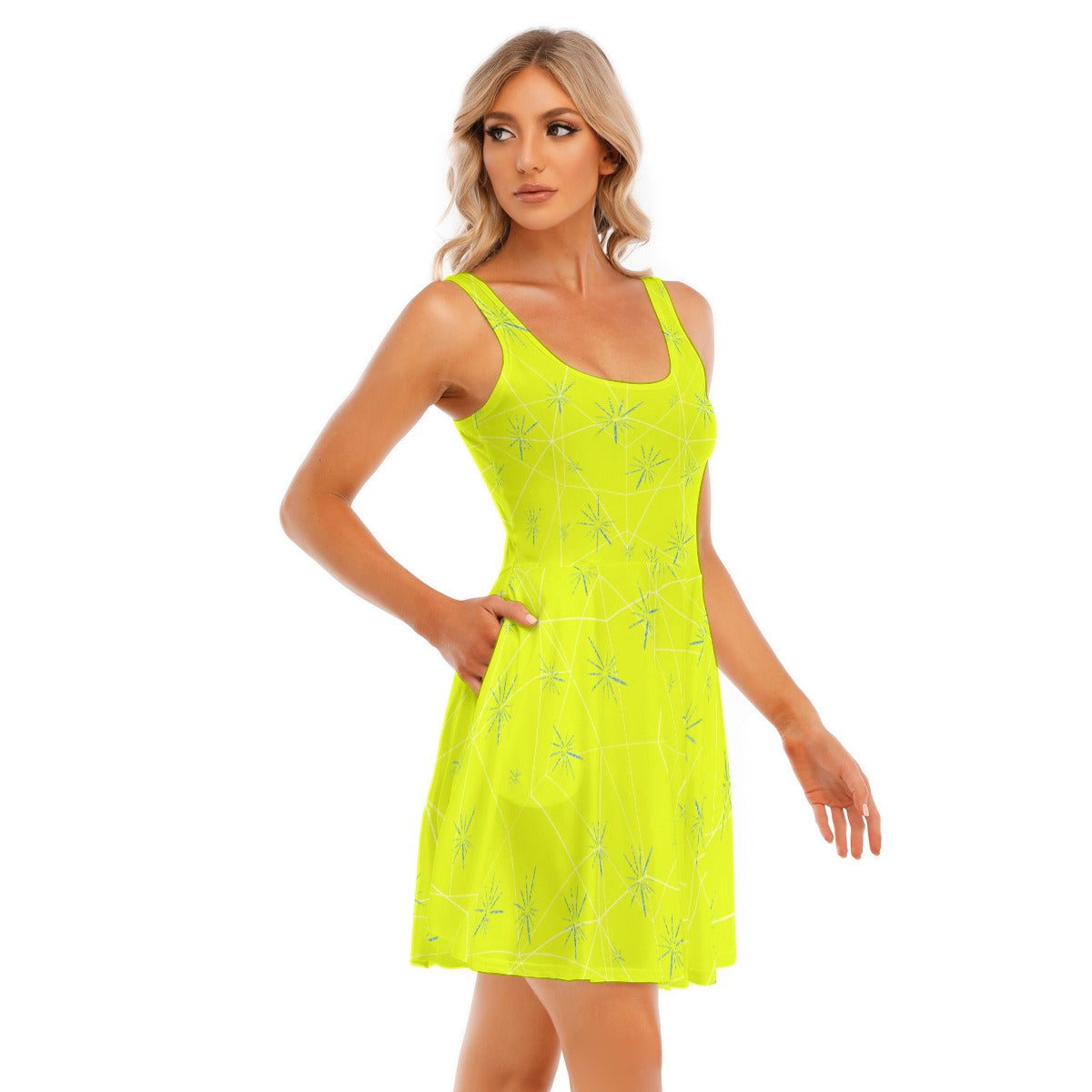 Joyful Blue & Yellow Florals - Women's Sleeveless Pocket Skater Dress