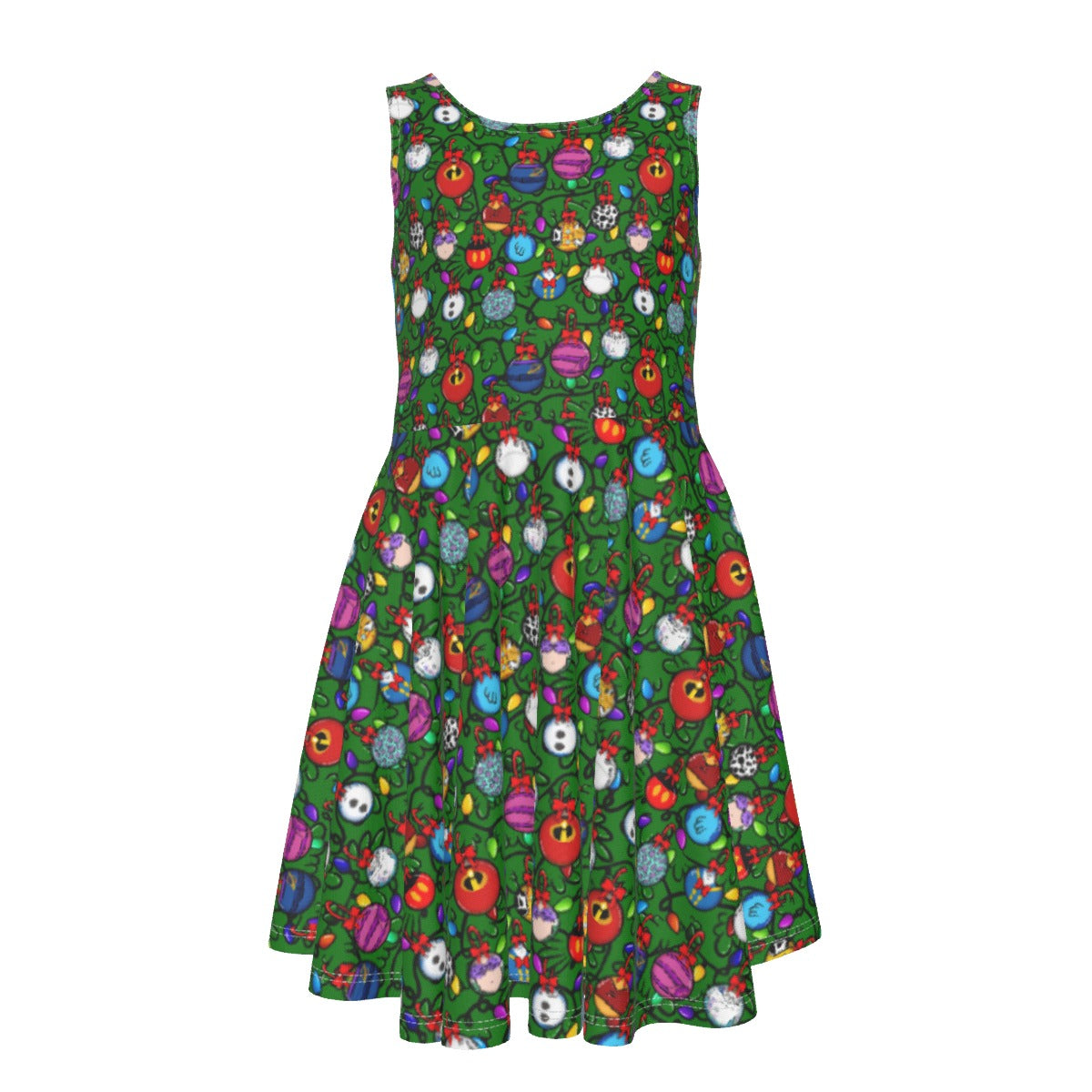 Festive Character Baubles on Green - Kid's Sleeveless Skater Dress