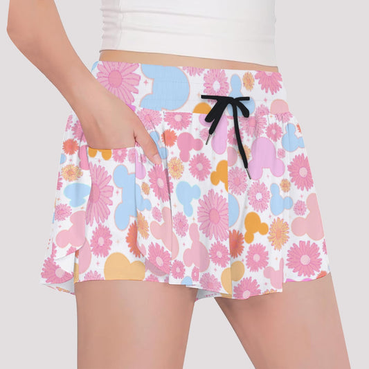 Retro Floral Mouse - Girls’ Flowy Pocket Shorts