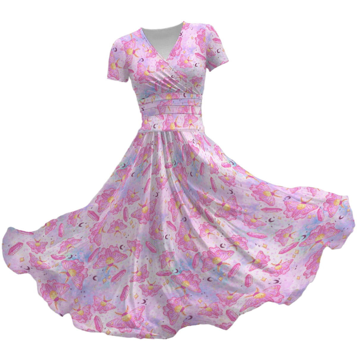 Pink Crystal Lunar Moths - Women's V-Neck Ruched Midi Dress