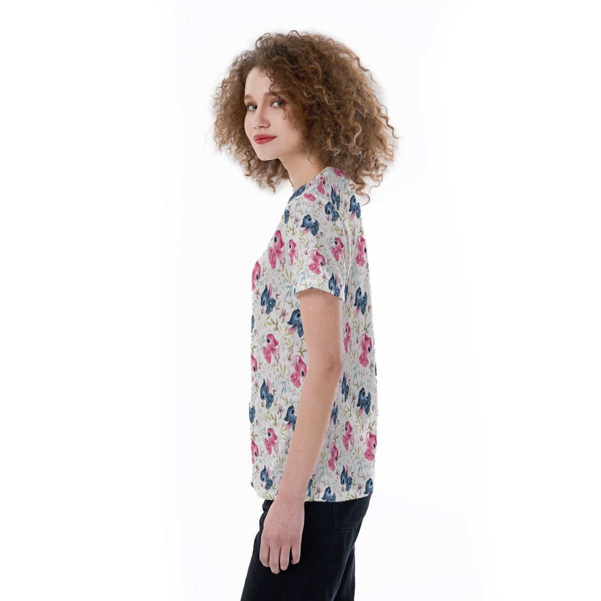 Blue Alien & Pink Friend Love - Women's Short Sleeve V-Neck T-Shirt