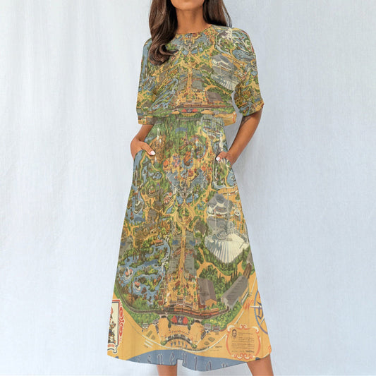 Vintage Theme Park Map - Women’s Elastic Waist Pocket Midi Dress
