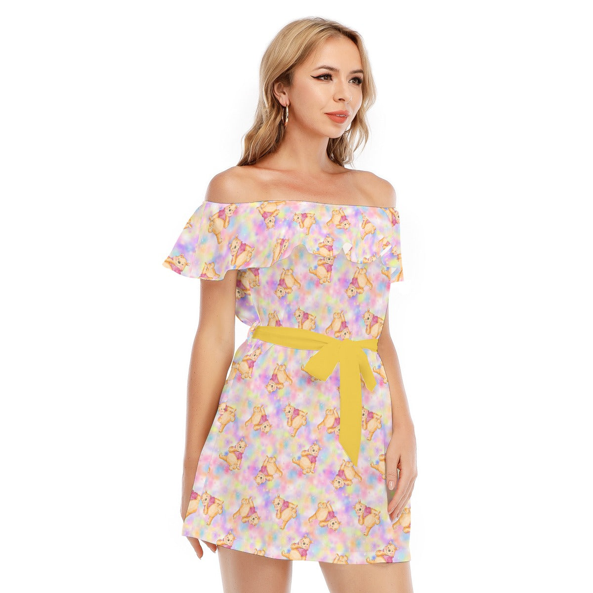 Watercolor Honey Bear - Women's Off-shoulder Ruffle Dress