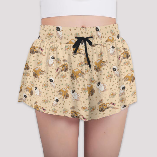 Botanical Robot Love Story - Girls’ Flowy Pocket Shorts