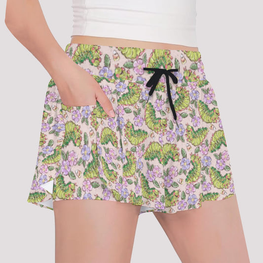 Cheerful Caterpillar Garden - Girls’ Flowy Pocket Shorts
