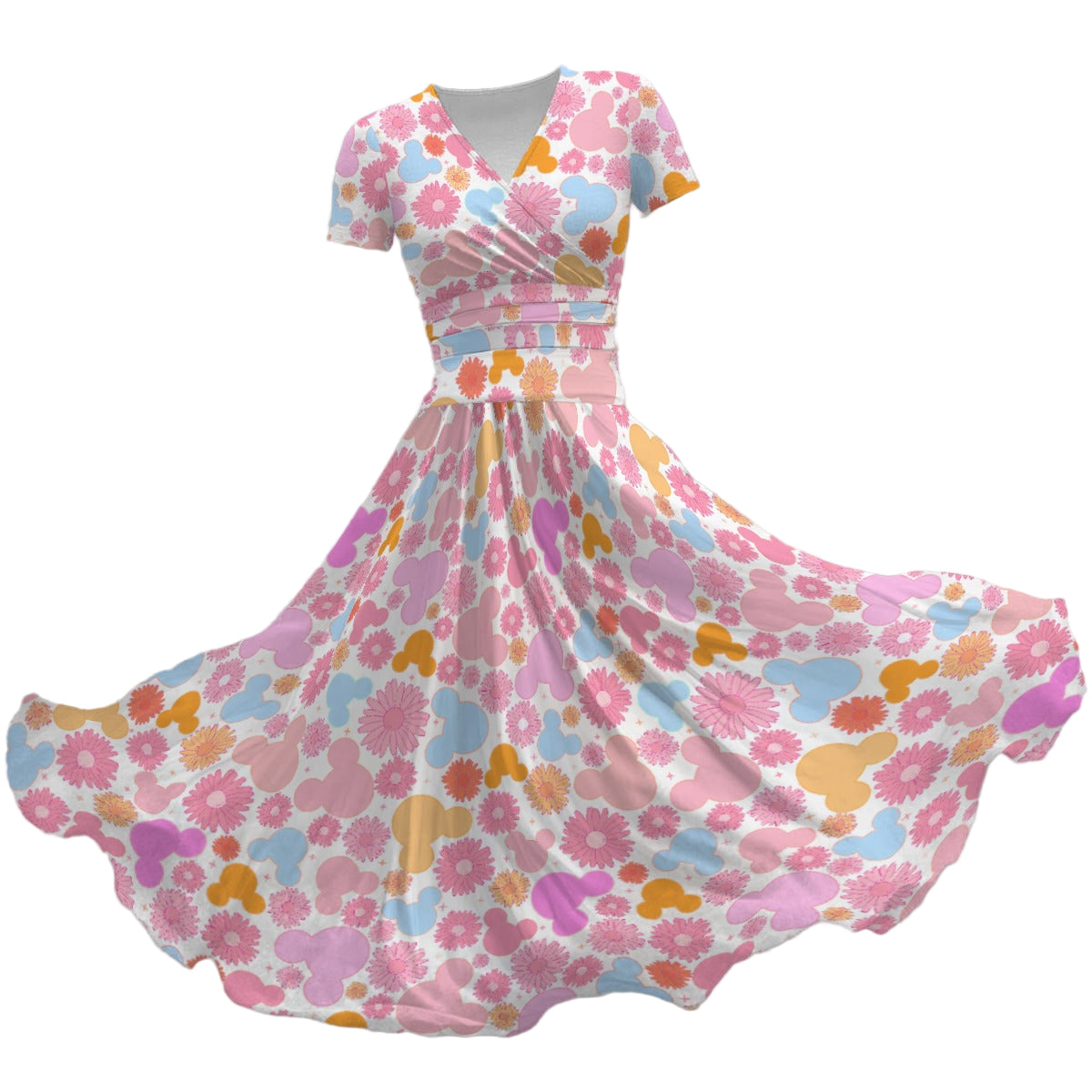 Retro Floral Mouse - Women's V-Neck Ruched Midi Dress