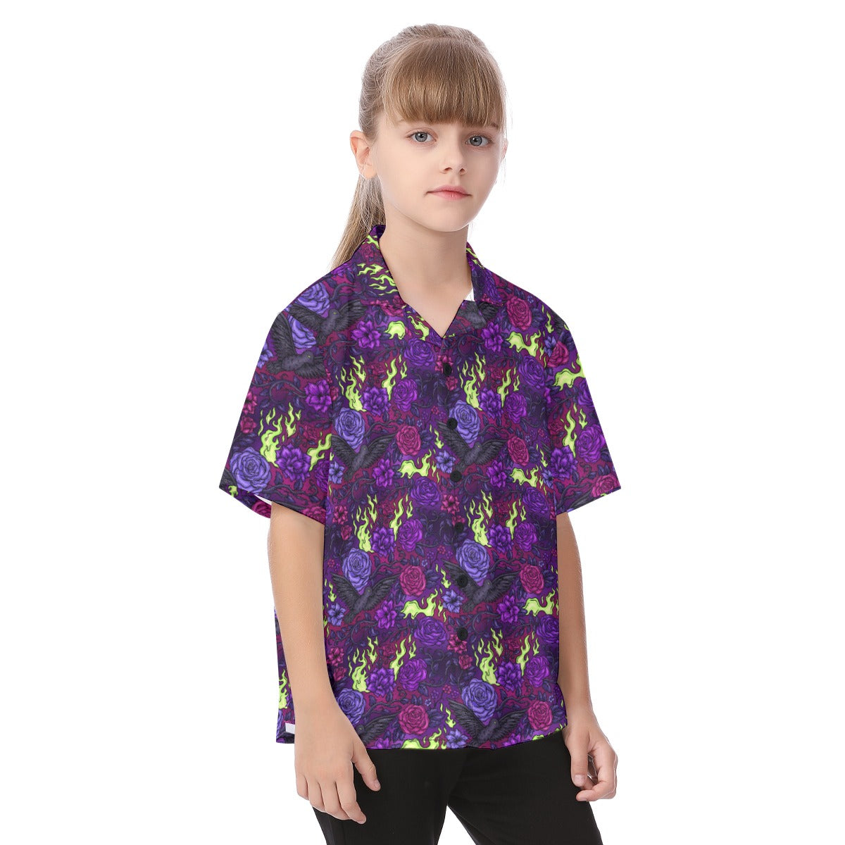 Fairytale Florals - Dark Enchantress - Kid's Hawaiian Button Up Shirt
