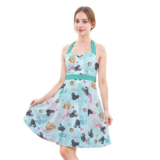 Watercolor Mermaid Mouse Ears - Women's Halter Vintage Pocket Dress