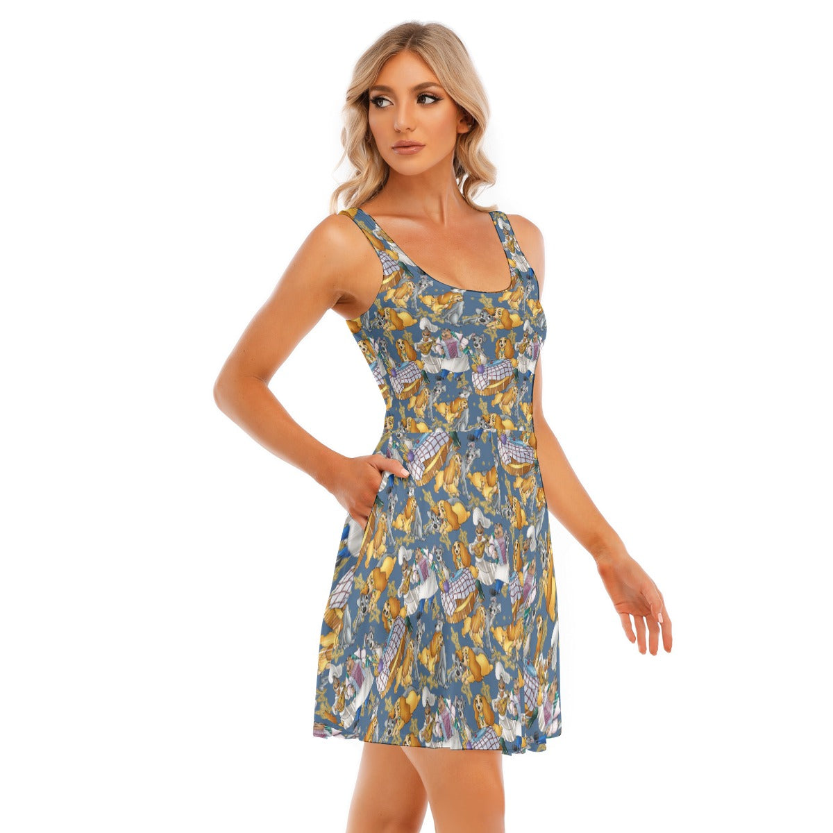Puppy Love Sketch - Women's Sleeveless Pocket Skater Dress