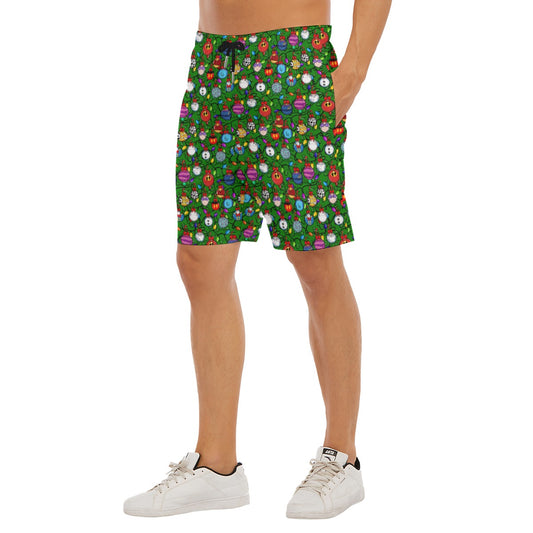 Festive Character Baubles on Green - Men’s Pocket Beach Shorts