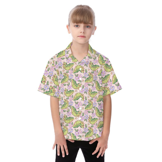 Cheerful Caterpillar Garden - Kid's Hawaiian Button Up Shirt