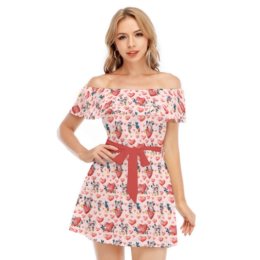 Valentine Mouse Couple - Women's Off-shoulder Ruffle Dress