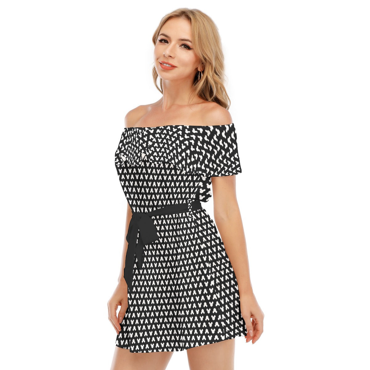 Playful Polka Dot Ears Black - Women's Off-shoulder Ruffle Dress