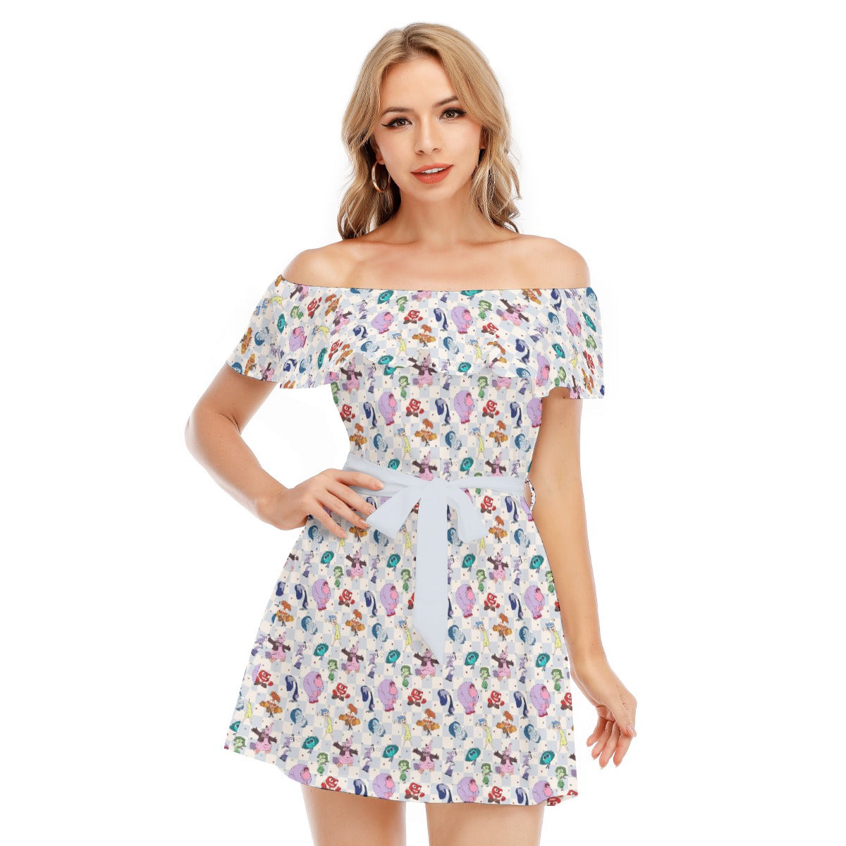 Blue Check Emotional Spectrum - Women's Off-shoulder Ruffle Dress