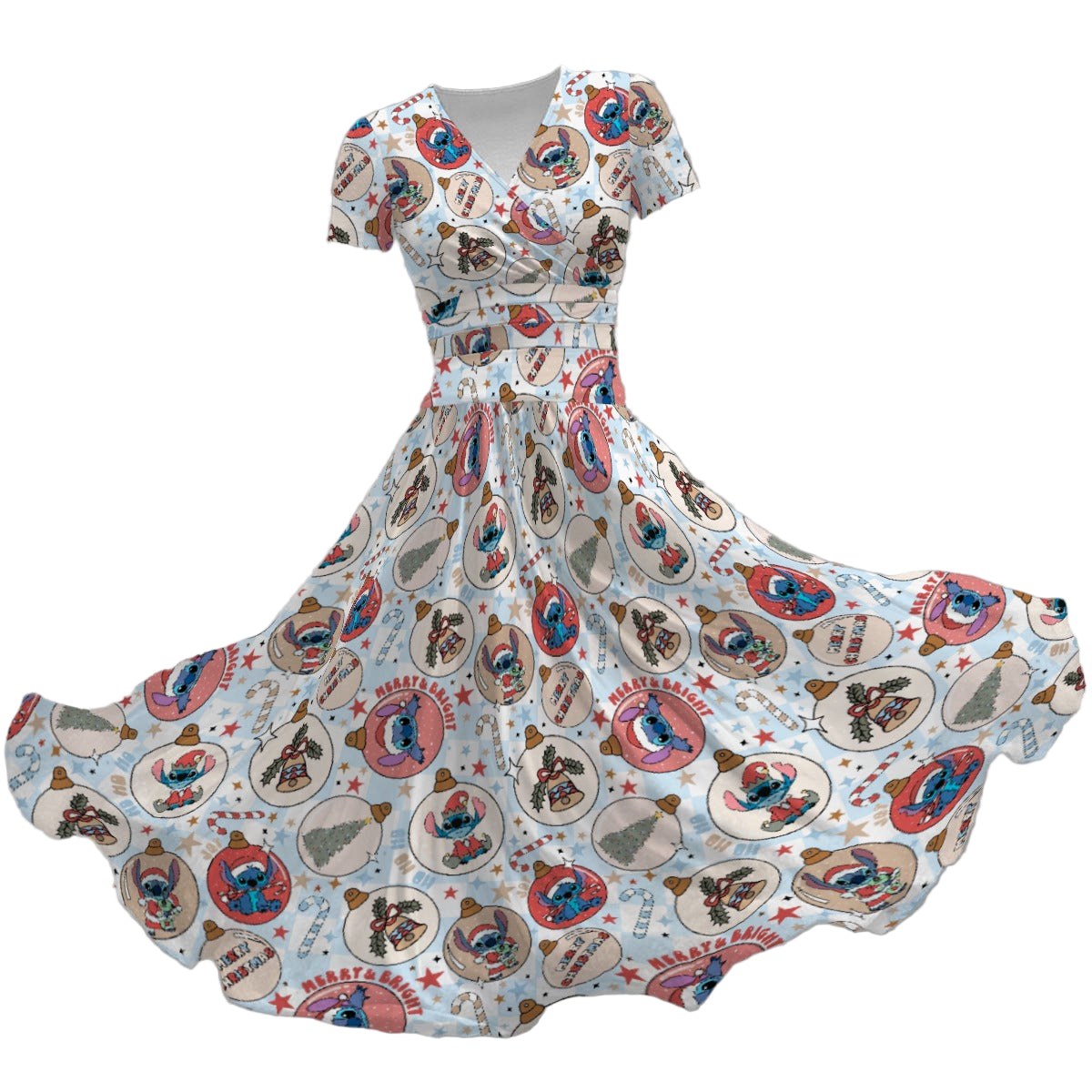 Festive Elf and Ornament Fun - Women's V-Neck Ruched Midi Dress